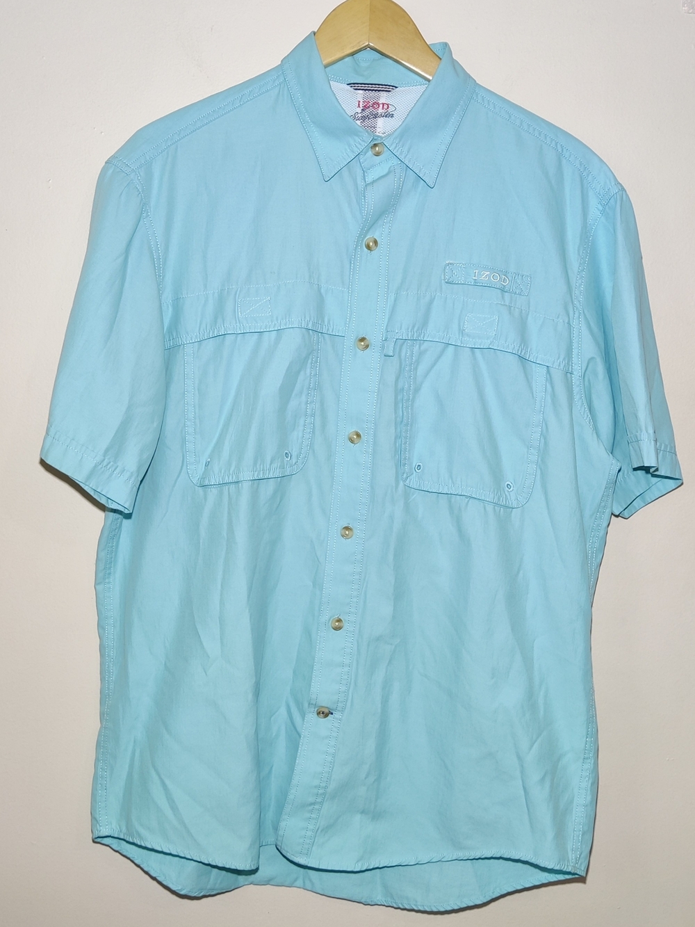 IZOD Signature Shirt Mens Size XL Button Solid Blue Print Outdoor Fishing Vented